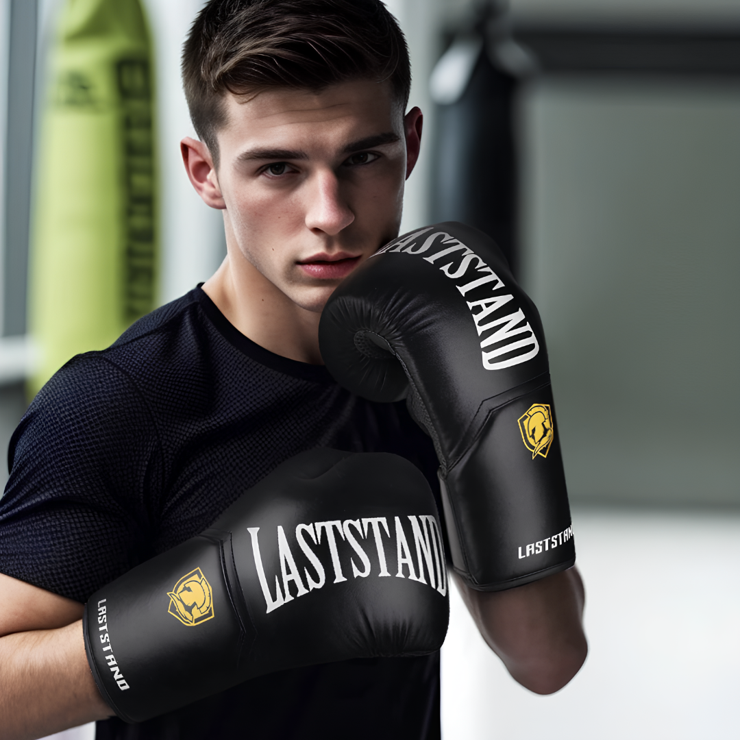 Person trägt schwarze Laststand-Boxhandschuhe, perfekt für Training und Wettkampf, mit ergonomischem Design und optimalem Schutz.