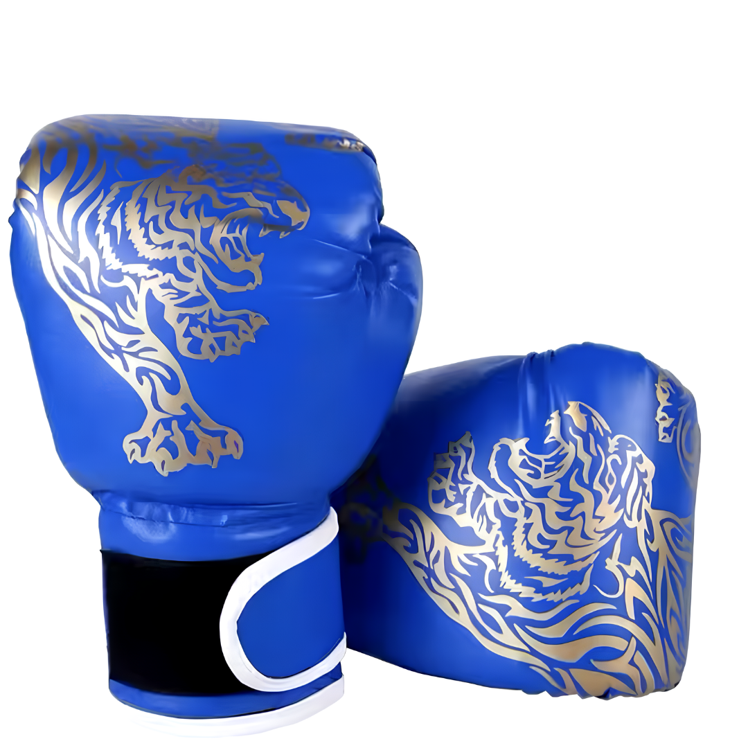 Blaue Boxhandschuhe mit goldenem Tigermuster, langlebig und atmungsaktiv, ideal für Boxtraining.