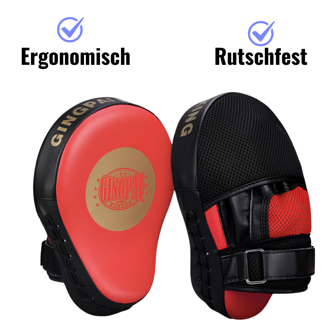 Ergonomische und rutschfeste Box-Pratzen in Rot und Schwarz, ideal für präzise und intensive Trainingseinheiten im Kampfsport.