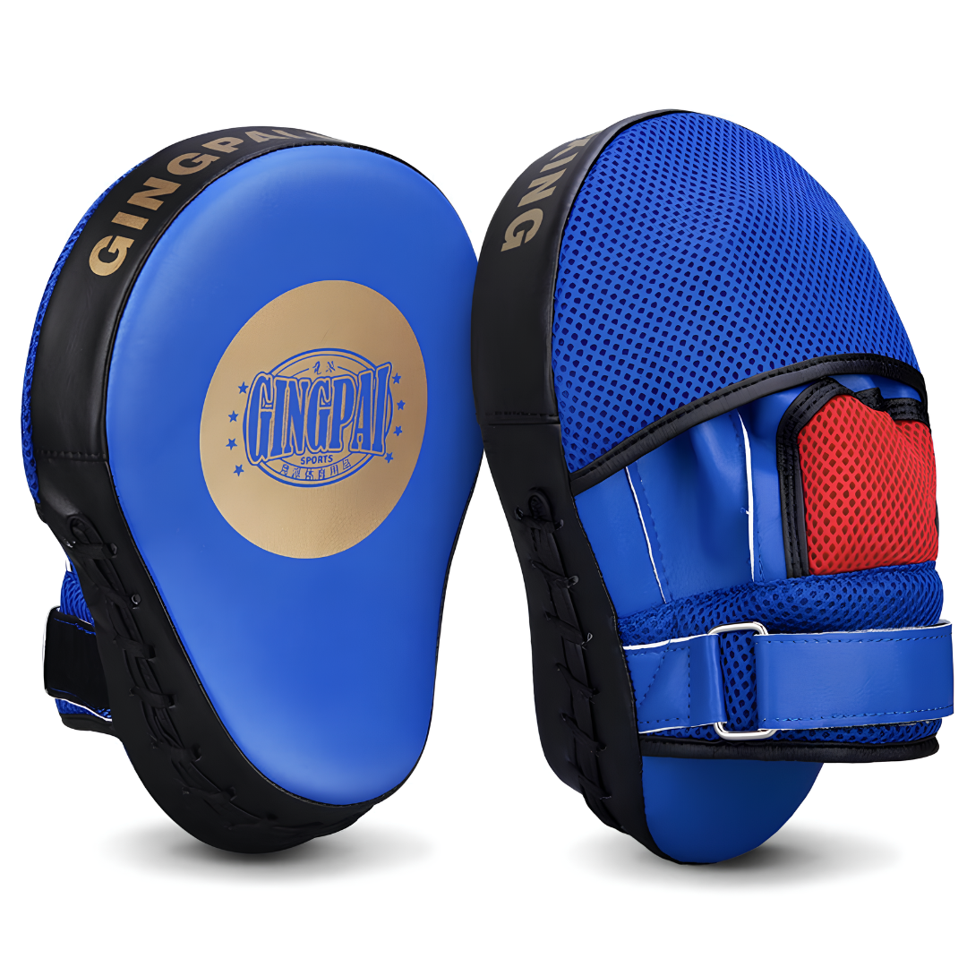 Professionelle Box-Pratzen in Blau mit ergonomischem Design, rutschfestem Griff und hochwertiger Stoßdämpfung, ideal für Kampfsporttraining.