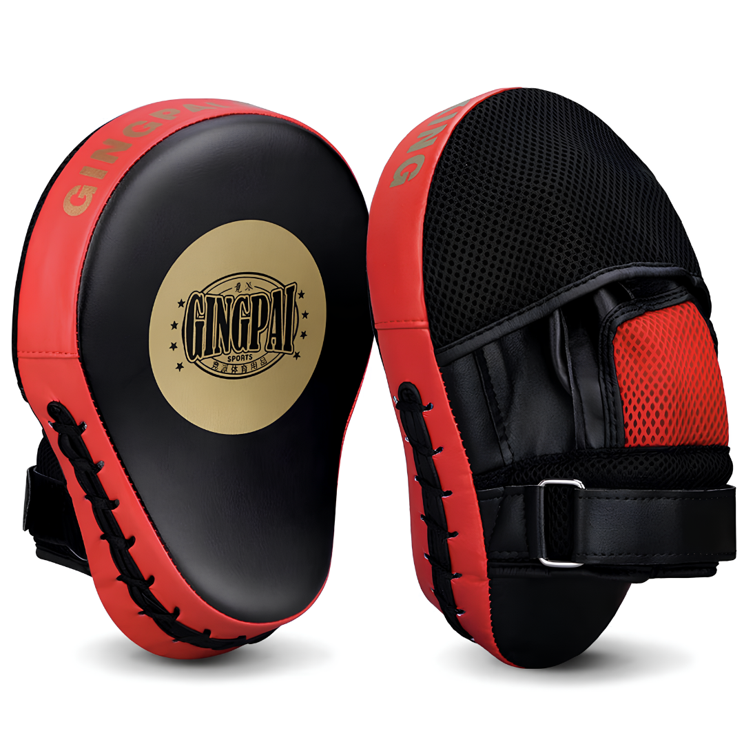 Professionelle Box-Pratzen in Schwarz und Rot mit ergonomischem Design, rutschfestem Griff und hochwertiger Stoßdämpfung, ideal für intensives Box- und Kampfsporttraining.