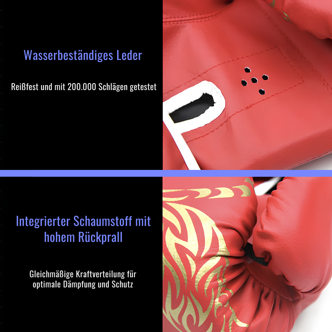 Boxhandschuhe aus wasserdichtem PU-Leder, getestet mit 200.000 Schlägen, mit integriertem Schaumstoff für optimale Dämpfung.