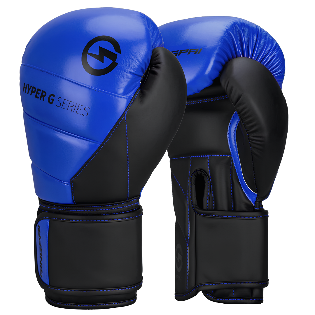 Blaue Boxhandschuhe der Hyper G Serie mit robustem Design, ideal für intensives Training und Sparring.