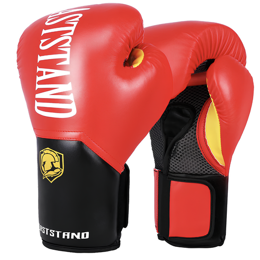 Rote Boxhandschuhe mit gelben Details, ideal für Kinder und Erwachsene, perfekt für intensives Training.