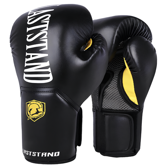 Schwarze Boxhandschuhe mit gelben Akzenten, ideal für Kinder und Erwachsene, geeignet für Training und Wettkampf.