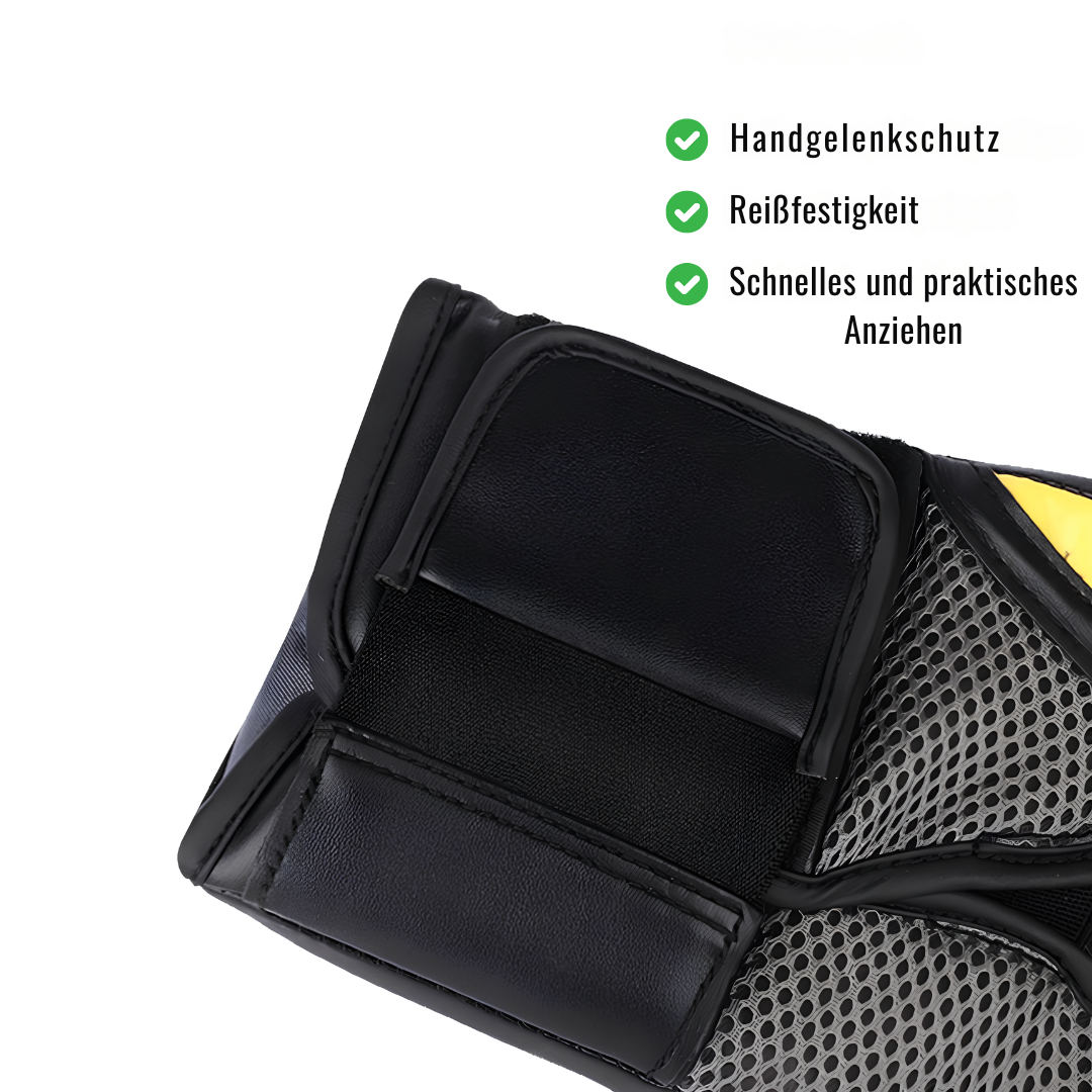 Fokus auf den Handgelenkschutz mit robustem Material und leichtem Anziehen.