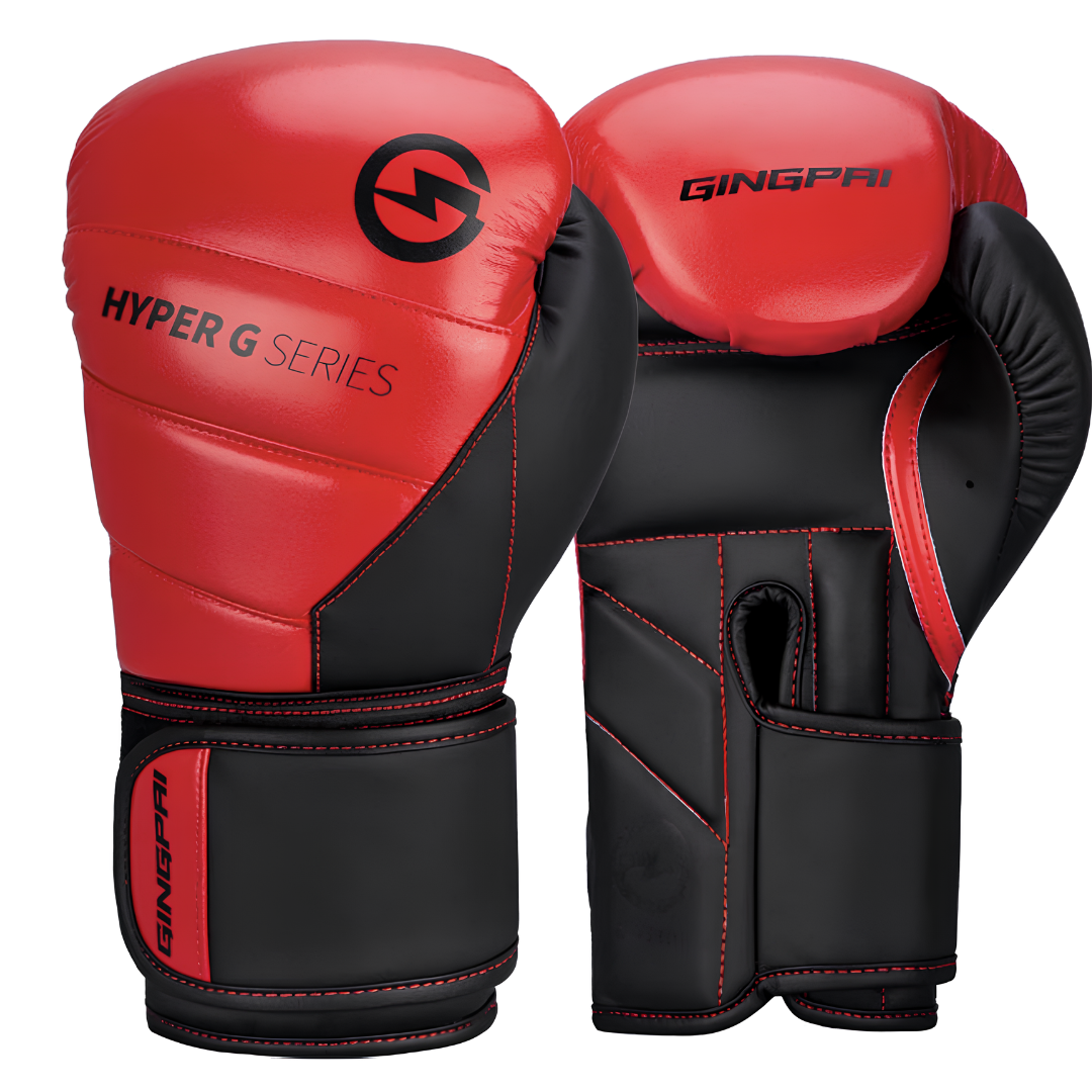 Rote Boxhandschuhe der Hyper G Serie mit verstellbarem Klettverschluss, perfekt für Profis und Amateure.